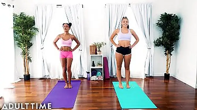 Sultry lesbo yoga babes lick each other's pussy