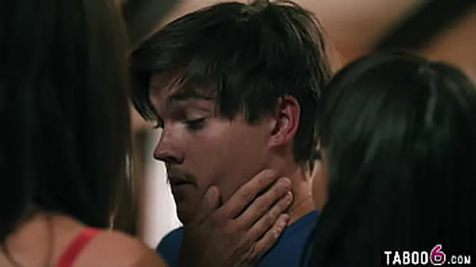 Four hot MILFs bang their young boyfriend and each other in family taboo hardcore