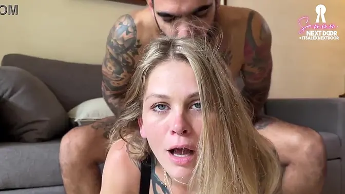 Screaming blonde teen gives a blowjob and rides hard cock