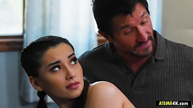 Petite black-haired girl gets huge dick in cowgirl and reverse cowgirl