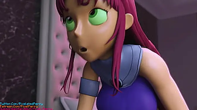 Futanari Starfire rides big cock while Raven wanks