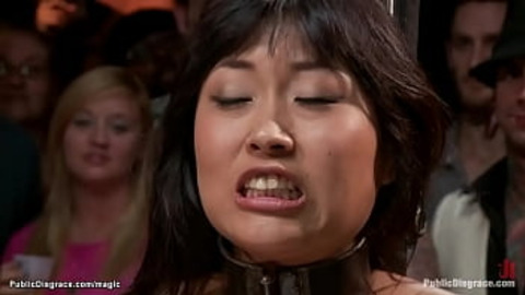 Petite brunette Asian slave Yuki Mori bound and whipped by domme Princess Donna Dolore then gagged with dildo and gangbang fucked by John Strong and bbc stranger in public