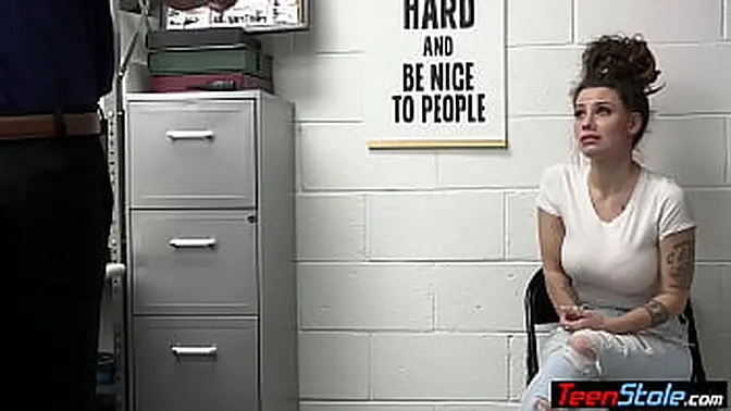 Dirty cop gives a busty, inked teen a hardcore fucking on CCTV