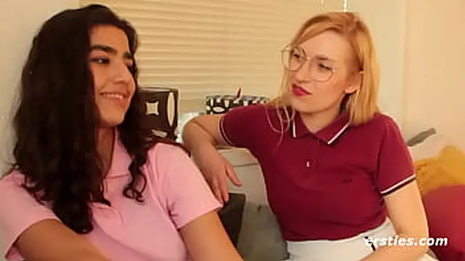 Amateur babes play rough lesbian game with blindfold and handcuffs