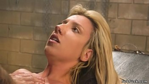 Gagged tiny tits blonde slave Sophia Grace in standing bondage gets hard whipped then huge dick master Mr Pete rough bangs her in dungeon