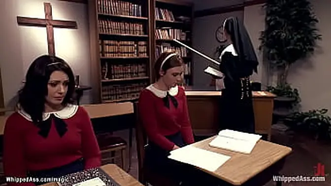 Nun Felony whips and fucks Jodi Taylor and Sarah Shevon in lezdom bondage