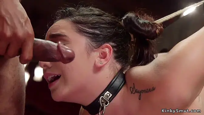 Hot slaves take huge black cock in ass to mouth action during upper floor BDSM orgy