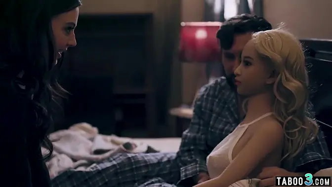 Petite slut takes on a rough FFM fuck with a silicone sex doll