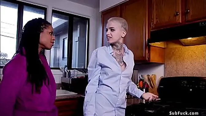 Alt blonde Leigh Raven tortured by black cock & rope bondage