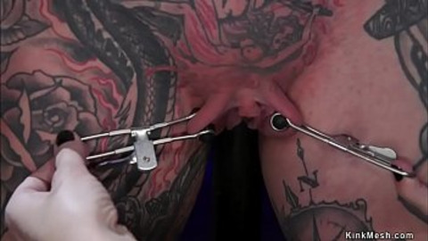 Brunette lesbian dom in latex dress beats and whips alt brunette slut in bondage then anal fucks her with strap on cock