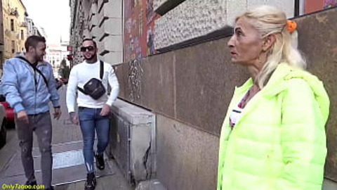 ugly skinny toothless granny picked up from street for her first extreme rough big cock threesome ass fucking lesson