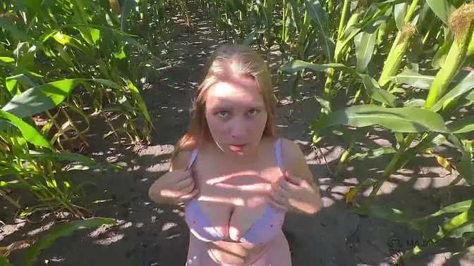 Sweet European blonde gets her anal hole filled in cornfield