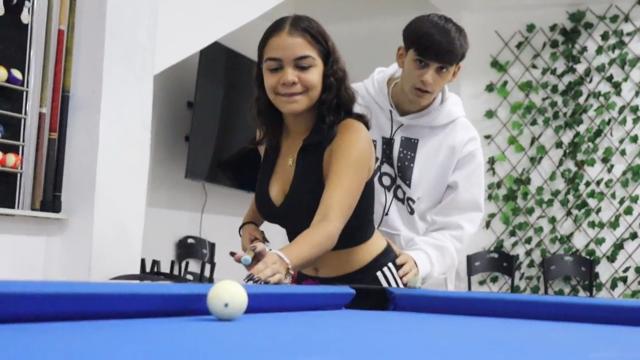 boyfriend gives his perverted Latina girlfriend pool lessons and she gets so horny she asks him to fuck her on the table - Spanish porn