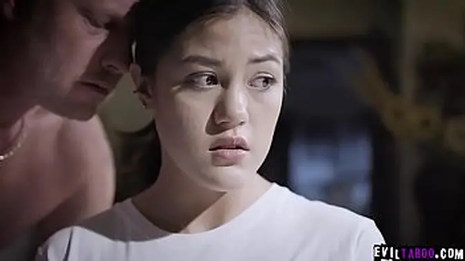 Young brunette teen gives stepdad a deepthroat blowjob