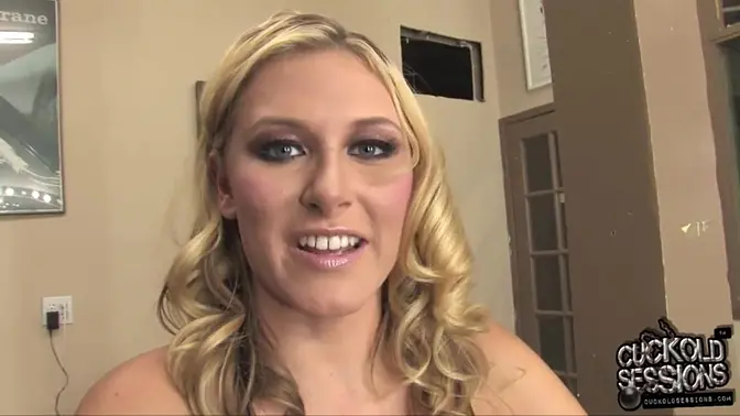 Blonde babe dominates cuckold in dirty talk femdom session