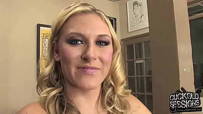 Blonde babe dominates cuckold in dirty talk femdom session