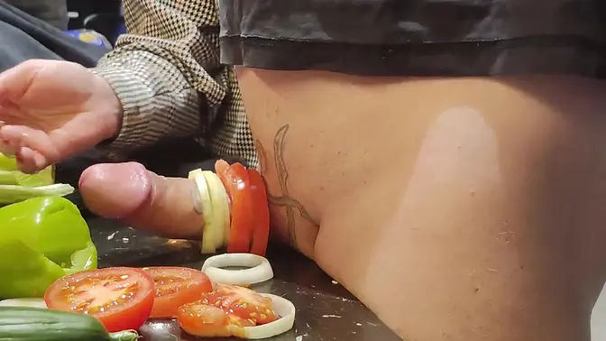 Crazy MILF gets extreme cock and cucumber treatment in the kitchen