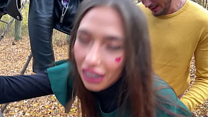 Petite European chick strips and fucks outdoors