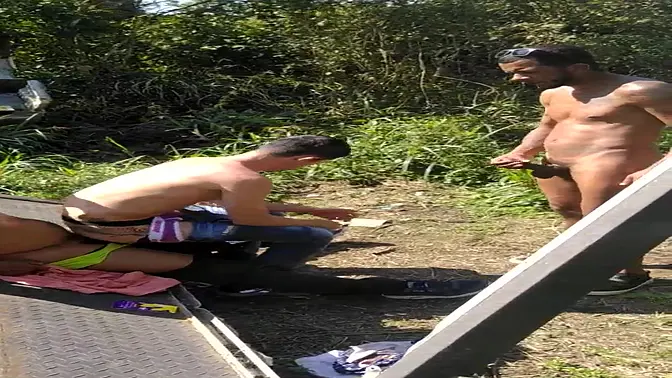 Wild forest threesome with waterfall action