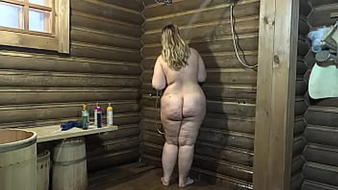 Chubby MILF with juicy PAWG bathed in shower, gets wide bottle fucked and shows off her hairy vagina