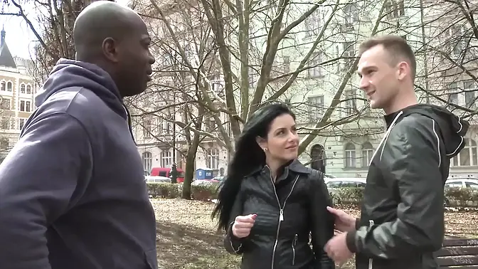 Black-haired babe gets her soaking pussy stretched by a gigantic African monster cock while her husban