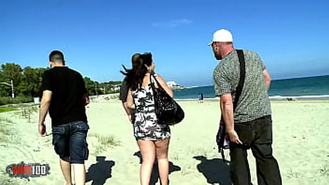 Chubby brunette Mylene Johnson takes double penetration in the woods