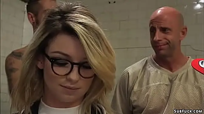 Blonde journalist Aspen Ora double-penetrated by football players' big cocks in locker room