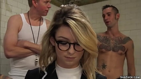 Hot blonde journalist Aspen Ora is dominated and a dirty locker room by group of football players and anal gang bang and double penetration fucked by their big dicks