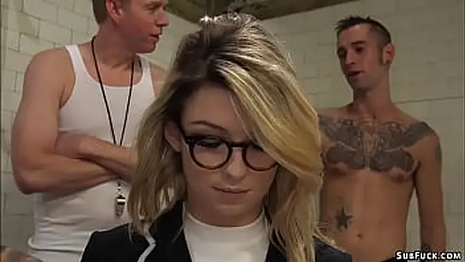 Blonde journalist Aspen Ora dominated in rough gang bang and anal DP