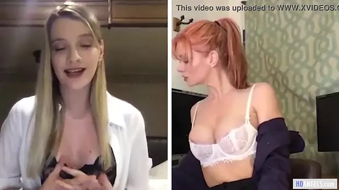 Boss and busty lesbian MILF masturbate on webcam for her horny boss