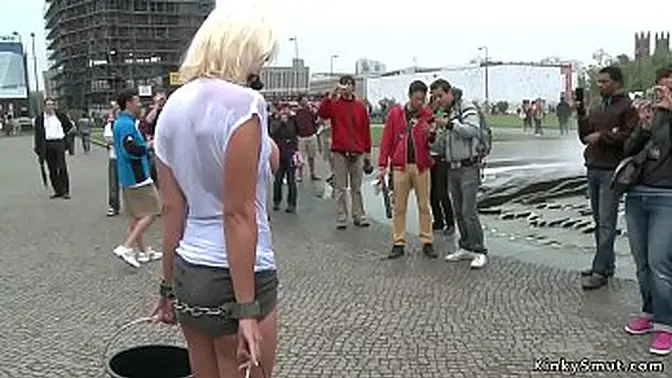 Busty blonde Euro MILF gets public outdoor punishment