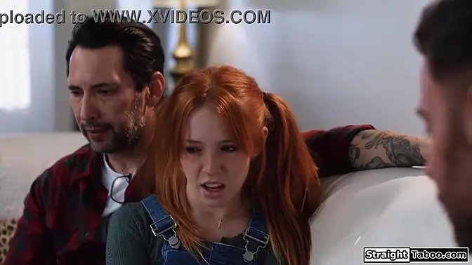 Social worker knows whats going on between hunk and girlfriend He wants a piece and the small tits redhead is anal fucked while sucking stepdaddy