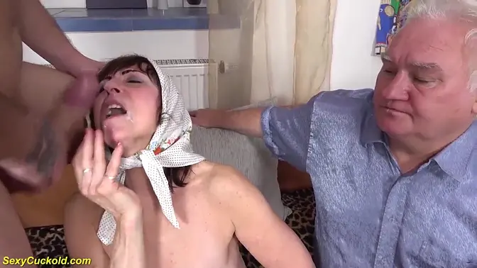 71-year-old cougar with big boobs enjoys cuckolding with toyboy