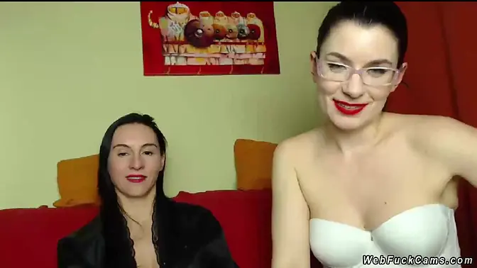 Lesbian BFFs with glasses show off on cam