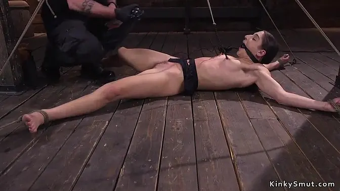 Hot brunette Abella Danger in spread eagle bondage with clamped nipples and backbend hogtie