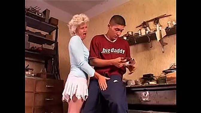 Old Whore in White Lingerie Rides Young Cock