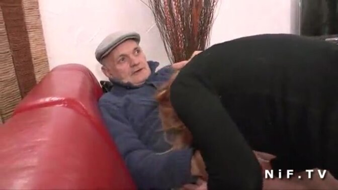 French maid gets naked and gives a sloppy blowjob in a thrilling three-way