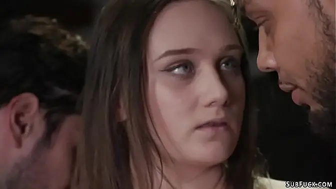 Group of guys put in strait jacket hot young brunette babe Gwen Viscious and fuck her gagged mouth then they are fuck her in double penetration