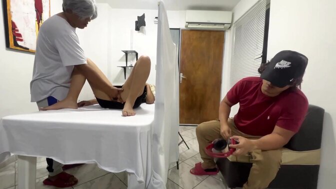 Married milf gets massaged next door while hubby watches