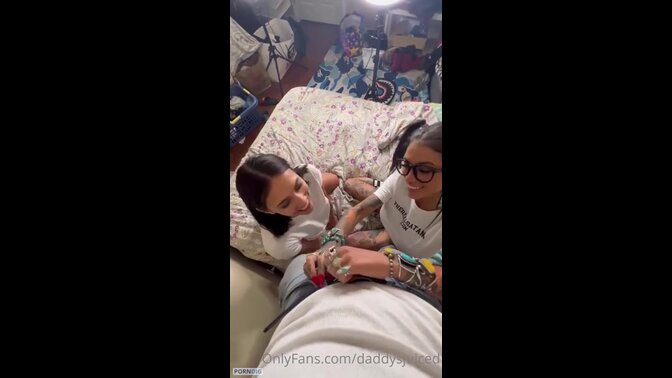 Two hot sluts share a lucky guy in a threesome