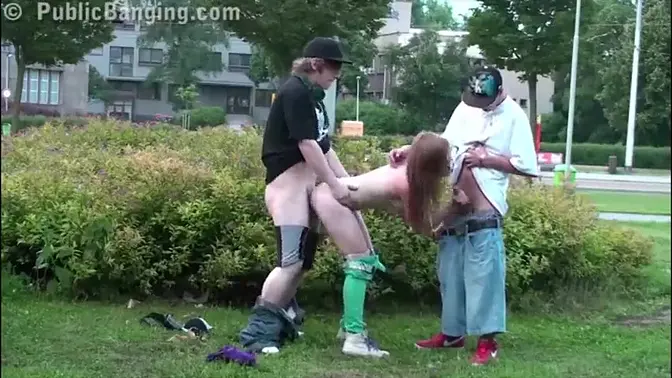 Charming teenie girl gets gangbanged in public with cute pretty boobs