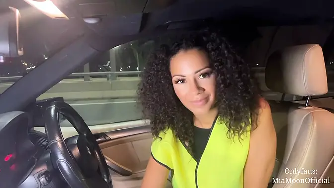 Cute curly-haired girl gives a sloppy blowjob to a grateful husband from the breakdown service