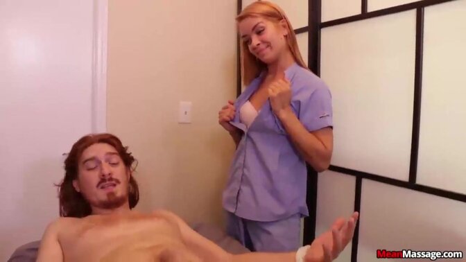 Shiny brass tits and a huge cock make for an interesting day at the spa 