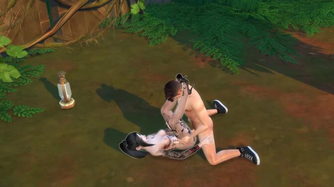 Athletic guy roughs up Asian woman in the woods