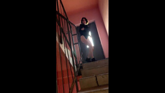 Public staircase blowjob with the mistress Darcy Dark