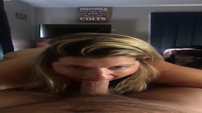 Amateur MILF gives a sloppy blowjob and shows off her big tits while