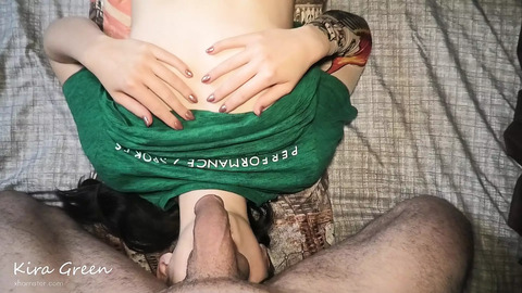 Two dudes gangbang Kira Green: ball-busting, strap-on, oral😜, doggy-style, big tits, home-made lesbian threesome