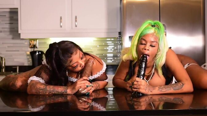 Two Big Booty Maids give dildo Blowjobs