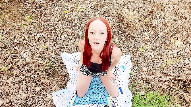 Skinny girl enjoys huge dick in outdoor forest blowjob