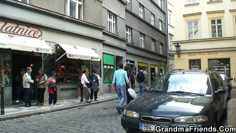 Golden granny gets pounded relentlessly by two studs from both ends